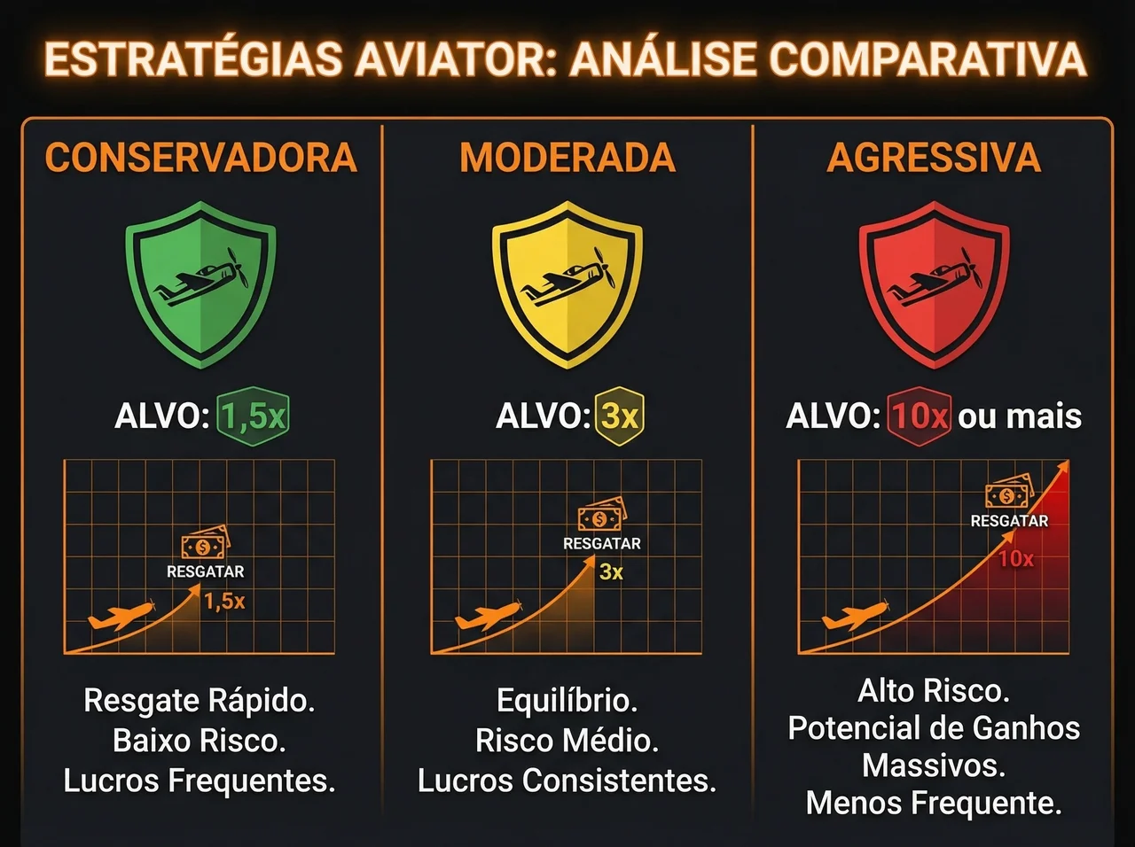 Estratégias Aviator: Conservadora 1.5x, Moderada 3x, Agressiva 10x