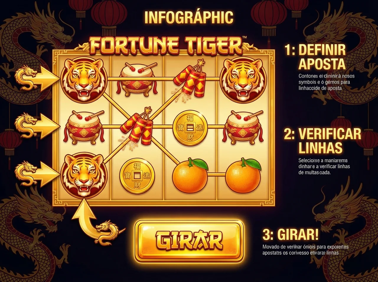 Infográfico Fortune Tiger: como jogar, verificar linhas e girar