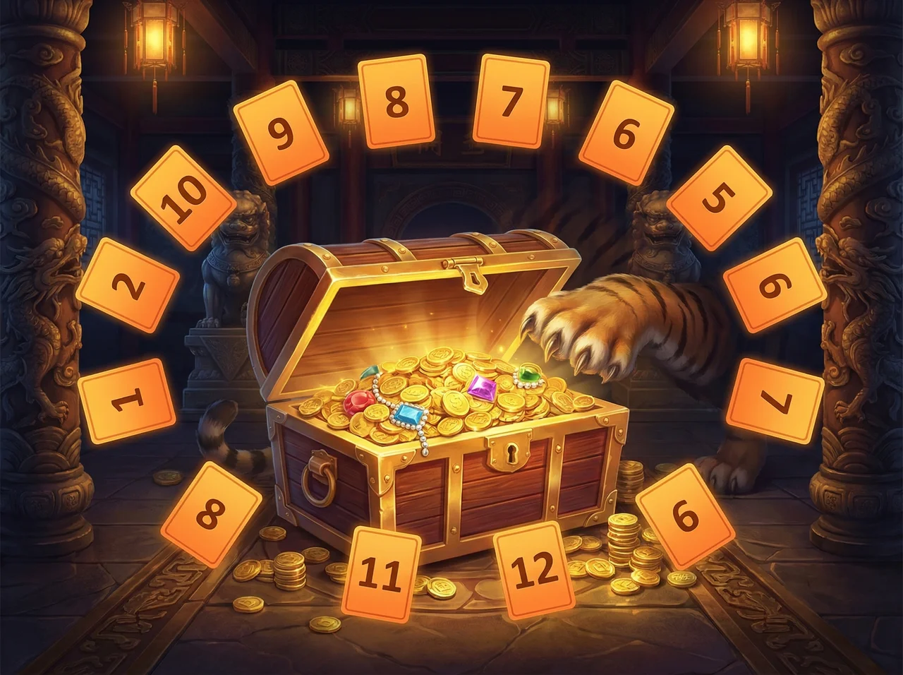 Cofre de ouro Fortune Tiger com cartas numeradas